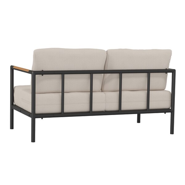 Metal Frame Loveseat with Teak Arm Accents and Plush Cushions