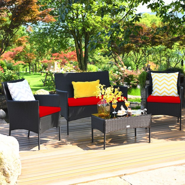 Tangkula Rattan Patio Conversation Set Cushioned Sofa With Coffee Table