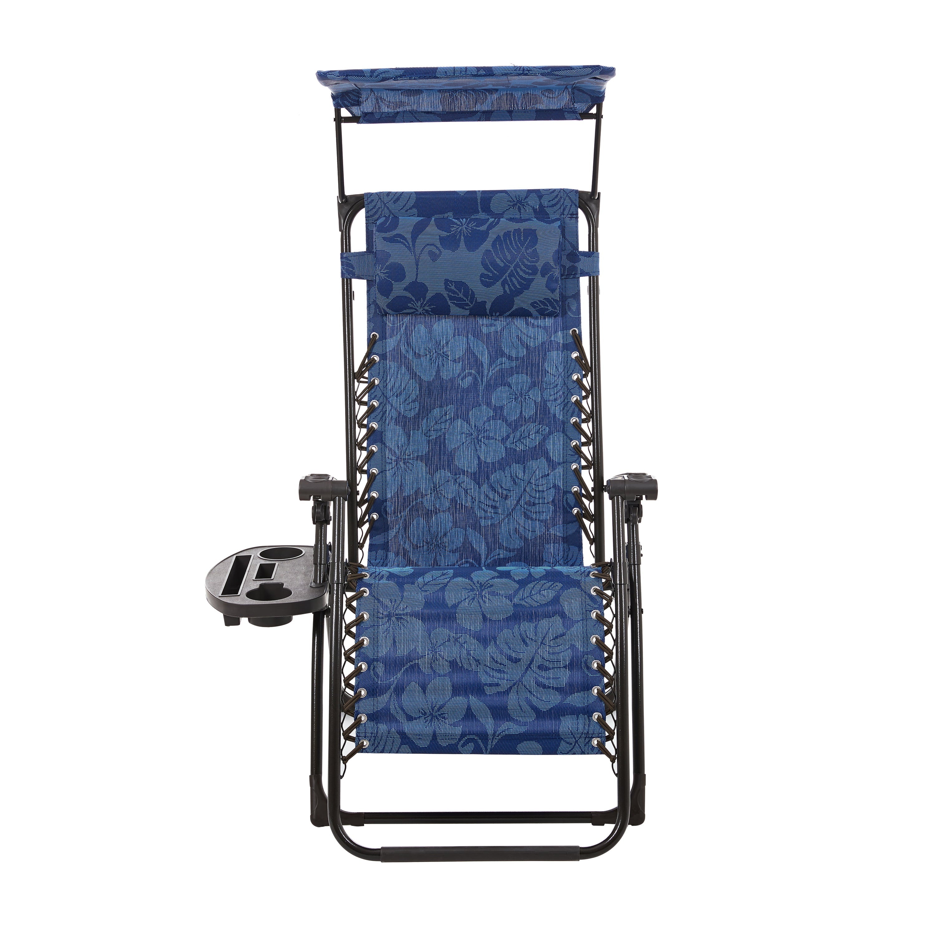 Bliss Hammocks Blue Flower 26" Wide Zero Gravity Chair w/ Adjustable Canopy, Drink Tray & Pillow, 300 Lb. Capacity