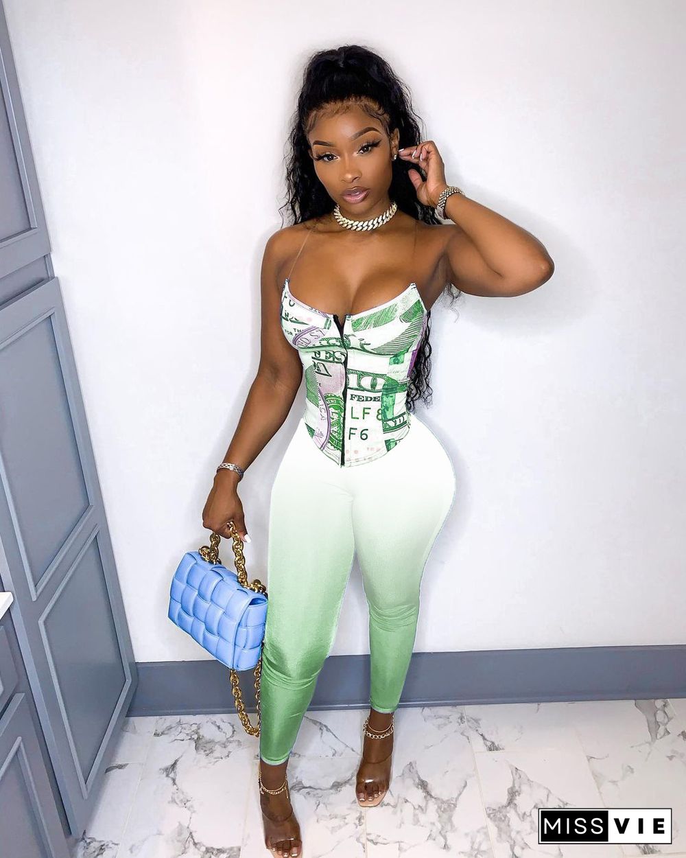 Sexy Women Streetwear Strap Printed Corset Top Skinny Long Pants Summer Club Party Bodycon 2 Piece Set