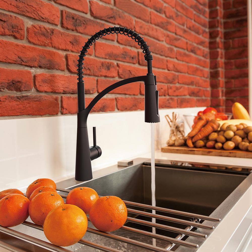 Glacier Bay Brenner Commercial Style Single Handle Pull Down Sprayer Kitchen Faucet in Matte Black HDQFP4F0005BL