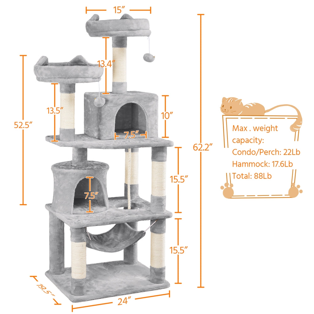 Topeakmart 62.2'' Multi Level Cat Tree Scratching Post Tower with 2 Condos and 2 Foam-Padded Perches and Fur Ball， Light Gray