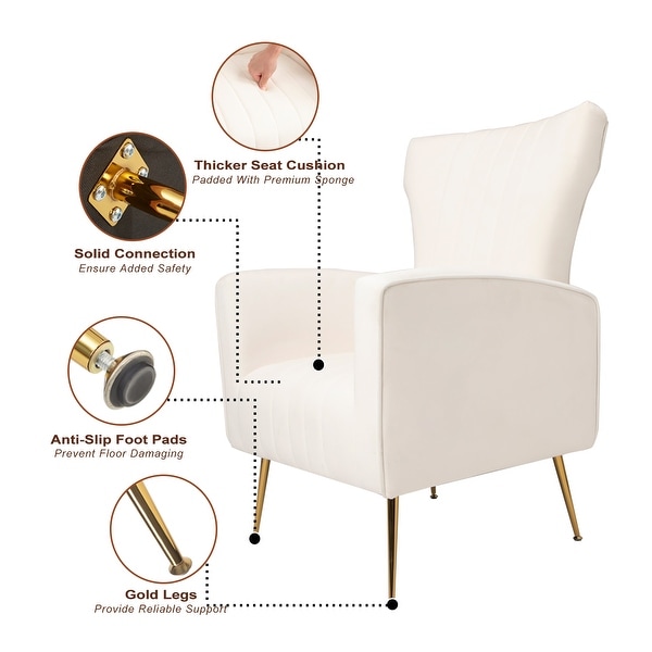 Velvet White Accent Chair， Wingback Arm Chair with Gold Legs