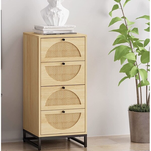 Boho Dresser Tower， Free Standing Storage Cabinet with 4 Rattan Drawers， Hallway Wooden Tall Storage Dressers Drawer Units - - 35711439