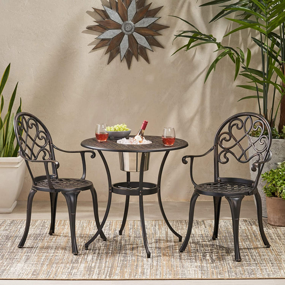 3 Pieces Patio Bistro Set  Aluminum Chairs  ampRound Table With Ice Bucket  Copper   Traditional   Outdoor Pub And Bistro Sets   by Decor Love  Houzz