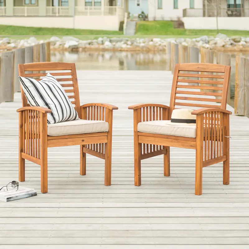 Acacia Wood Outdoor Patio Chairs with Cushions， set of 2 - Walker Edison