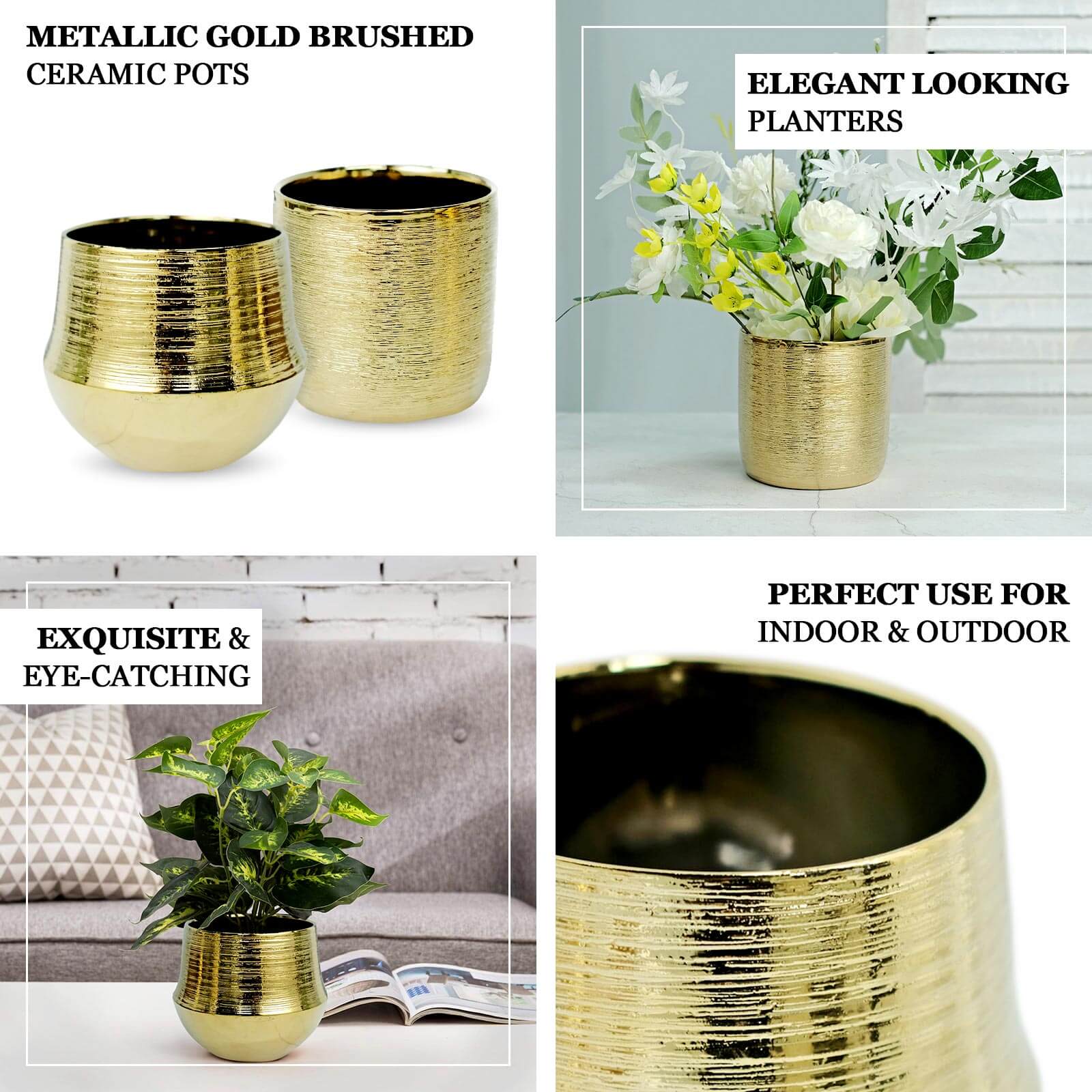 2 Pack Gold Textured Round Ceramic Flower Plant Pots, Cylindrical Bell Shaped Metallic Gold Brushed Planter Pot 6