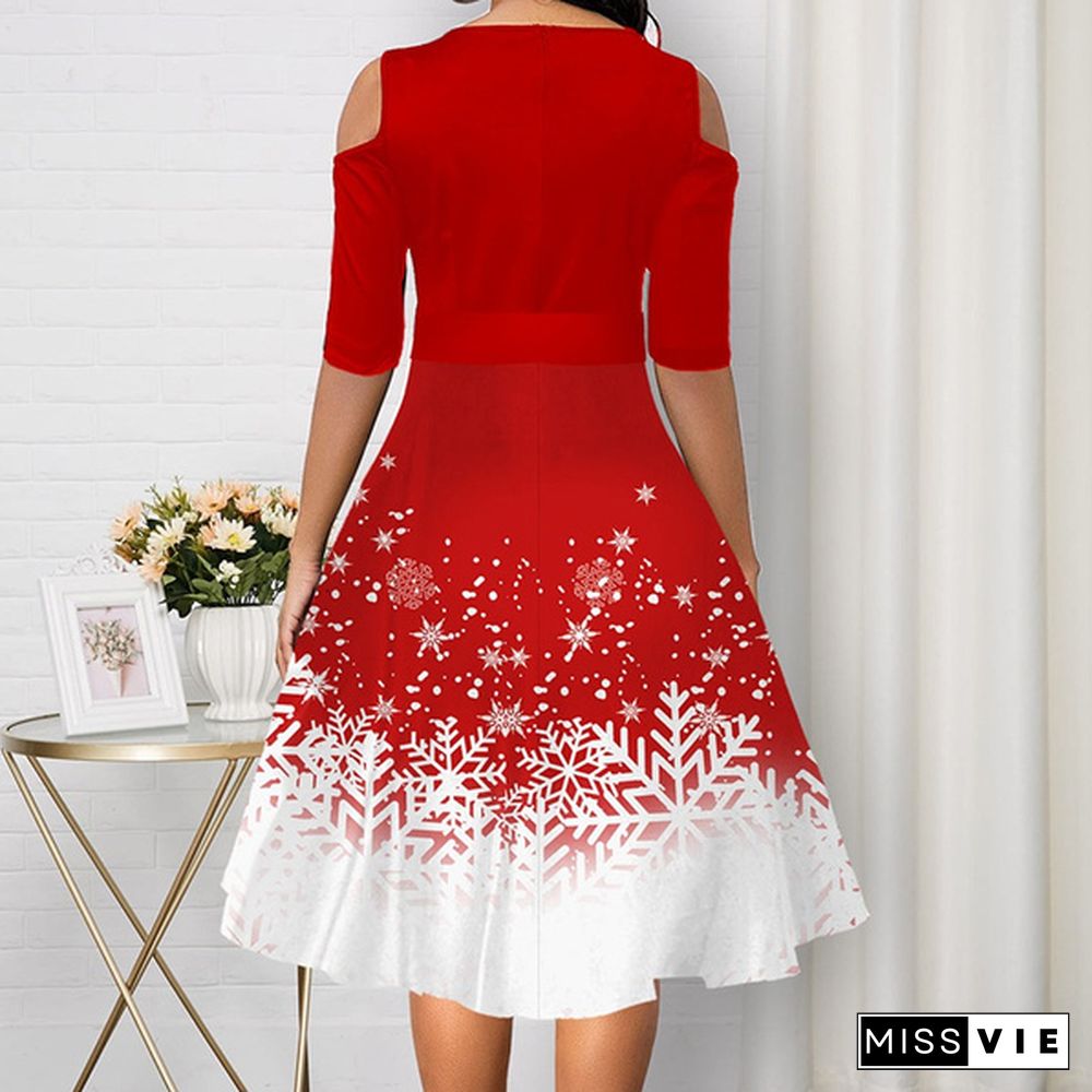 New Arrive Women Belted Snowflake Print Cold Shoulder Round Neck Dress Plus Size Fashion Christmas Party Dress