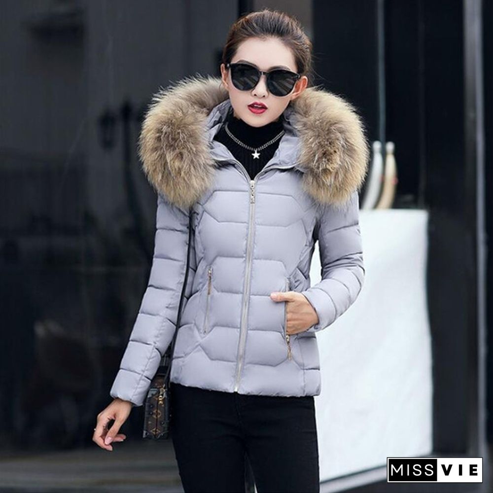 Autumn Winter New Fashion Women Short Coat Cotton-Padded Jacket Large Size Hooded Jacket Warm Cotton Female Fur Collar Hoody Parka Xs-Xxxl