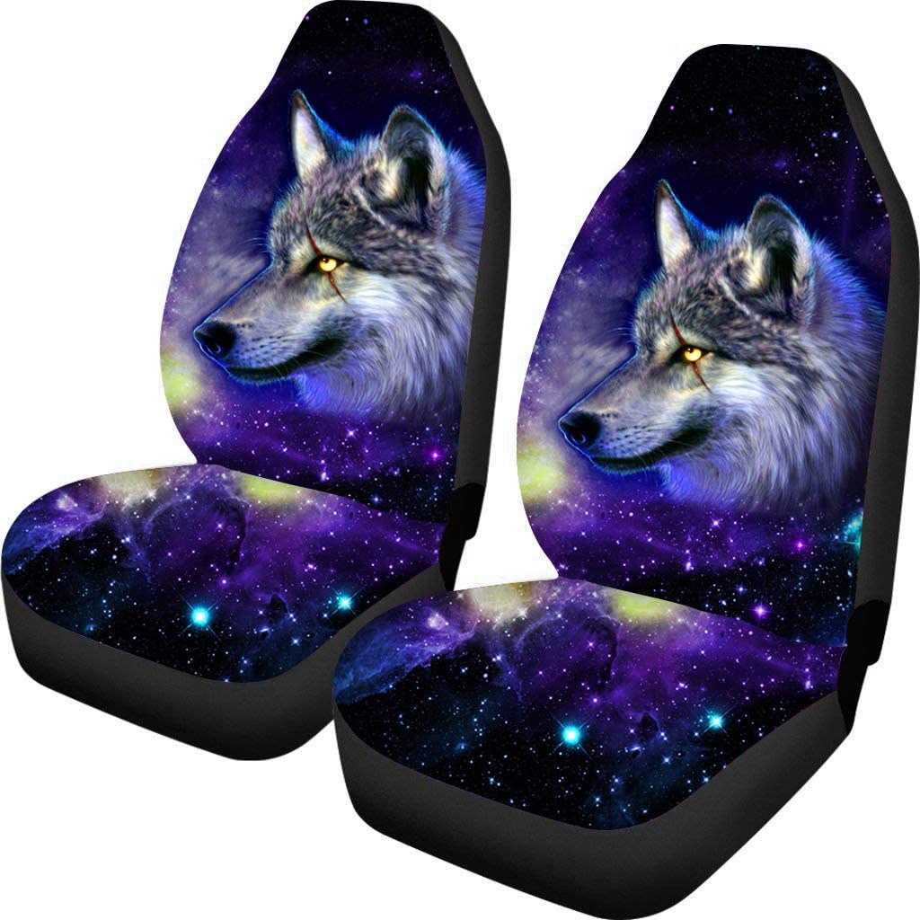 KXMDXA Set of 2 Car Seat Covers Galaxy Wolf Universal Auto Front Seats Protector Fits for Car，SUV Sedan，Truck