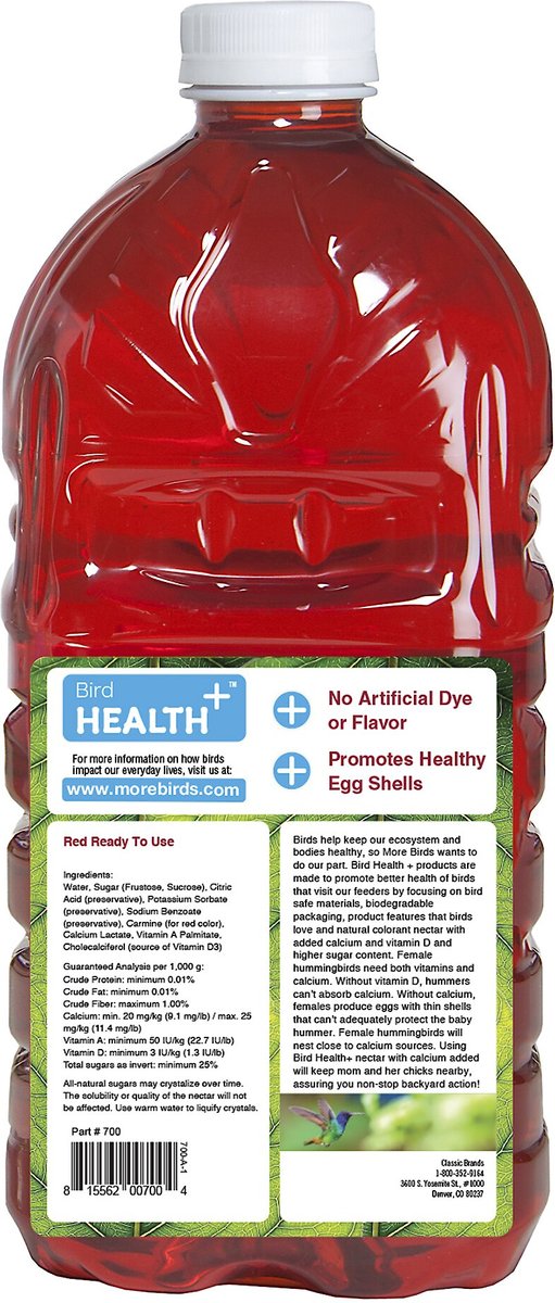 More Birds Bird Health+ Natural Red Ready-to-Use Nectar Hummingbird Food， 64-oz bottle