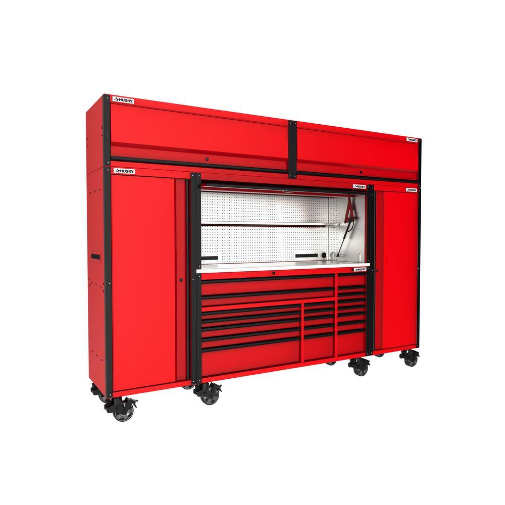 Husky 72 in. W x 24.5 in. D Professional Duty 20-Drawer Mobile Workbench Combo w 2 Side Lockers 2 Top Lockers and Top Hutch HPROSUITE5RED