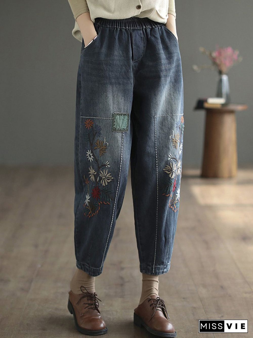 Vintage Loose Embroidered Elasticity Harem Jean Pants Bottoms