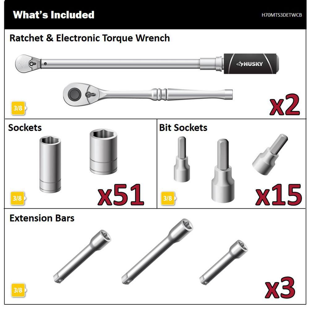 Husky 38 in. Drive Mechanics Tool Set with 38 in. Drive 10-100 ft.lbs. Electronic Torque Wrench (71-Piece) H70MTS3DETWCB