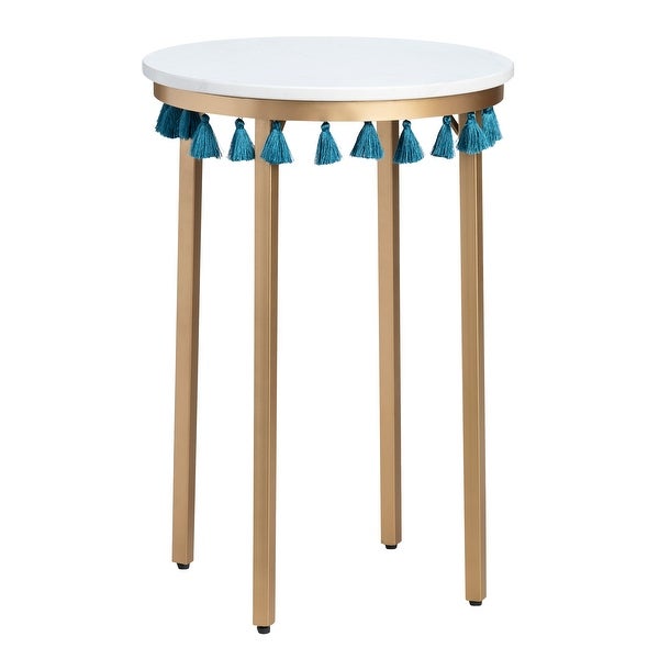 Saffron Marble Table w/Blue Tassels - 16 x 16 x 24