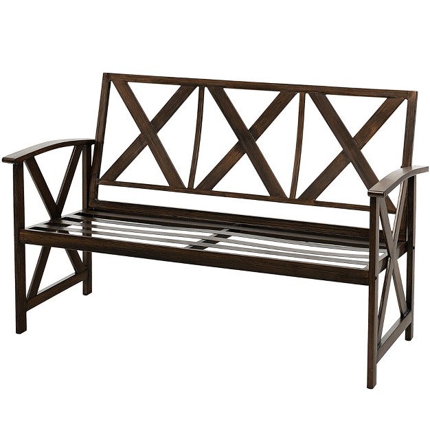 Outdoor Garden Bench Cushioned Patio Chair With Wood Grain Steel Frame