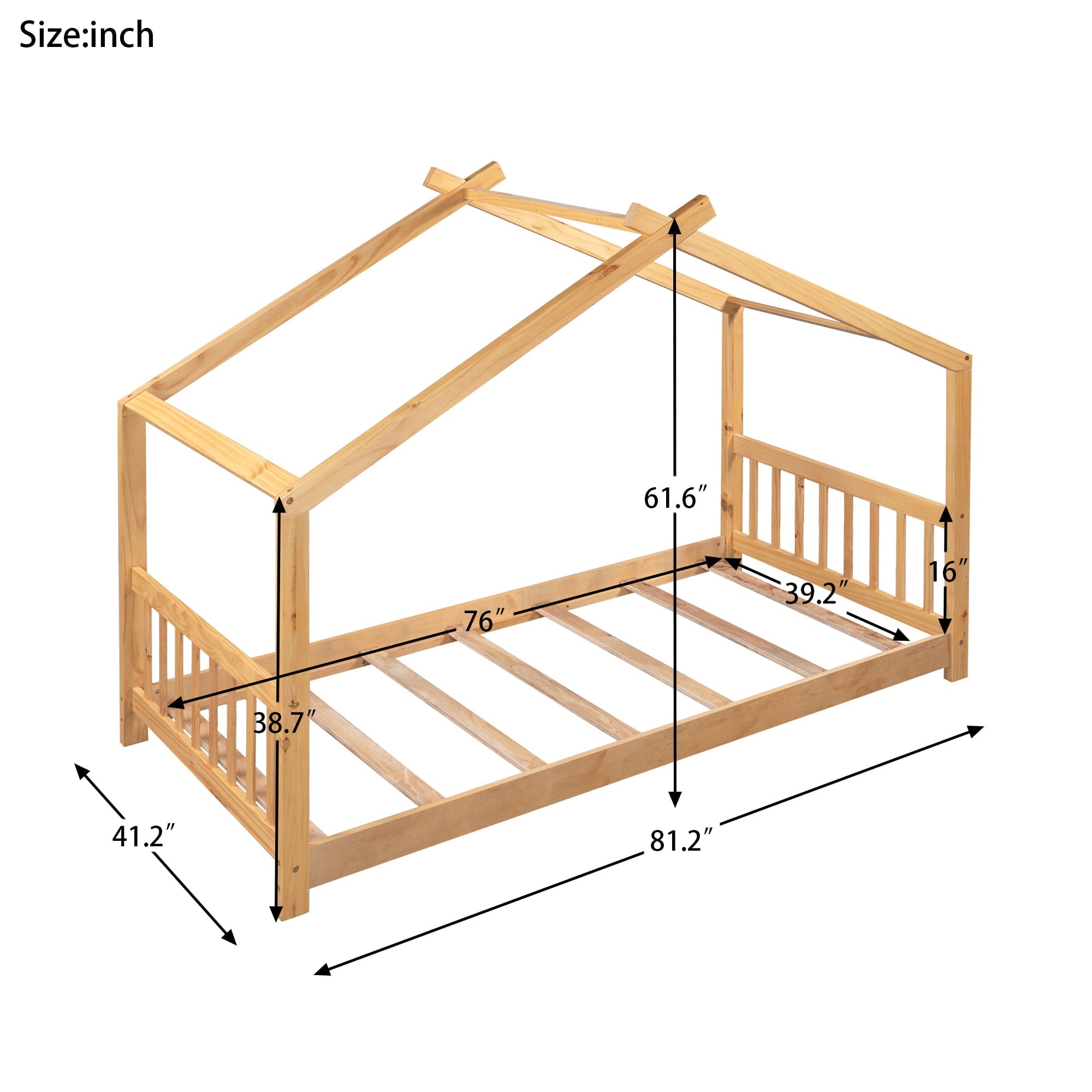 Euroco Wood House-Shaped Platform Bed for Kids, Wood Color