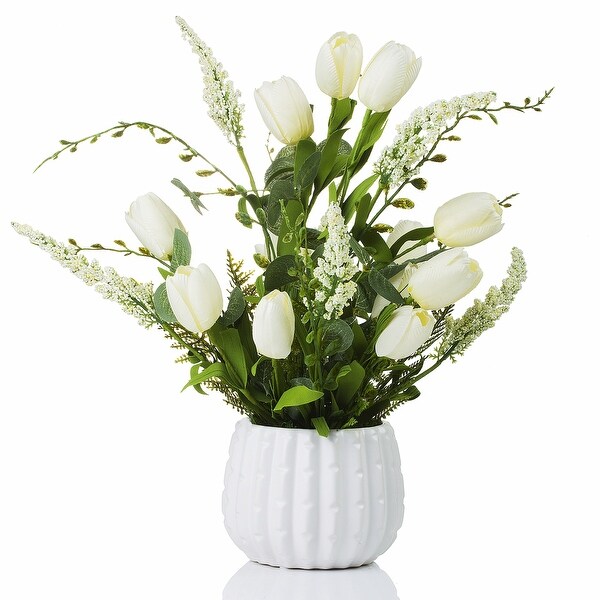 Enova Home Artificial Mixed Silk Tulips Fake Flowers in White Ceramic Pot for Home Office Wedding Decoration