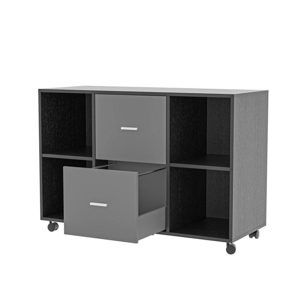 URTR Home Office Black and Dark Gray Wood Lateral File Cabinet with Drawer and Open Shelves Storage Cabinet with Wheels HY02310Y