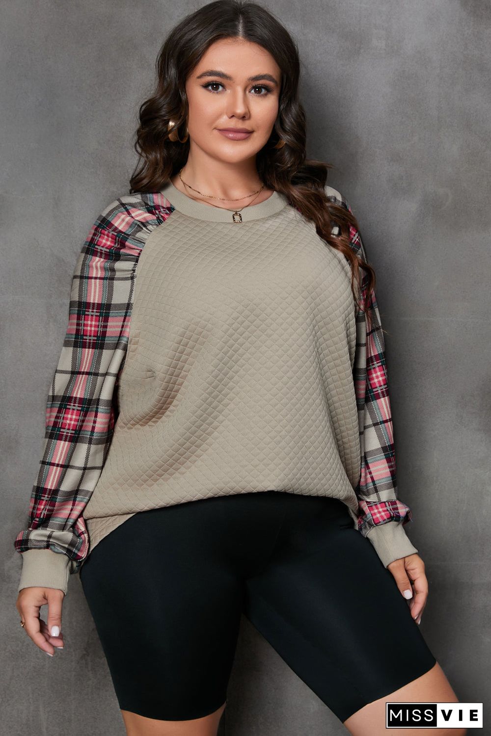 Apricot Plus Size Plaid Raglan Sleeve Crew Neck Sweatshirt