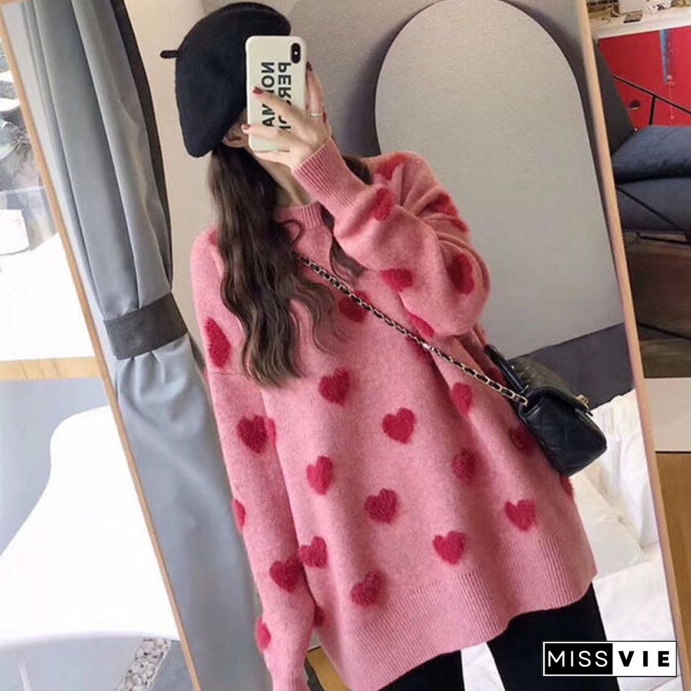 Sweater women's loose jacket fall winter love pullover long sleeve lazy style net red fashion retro knit top New hot sale