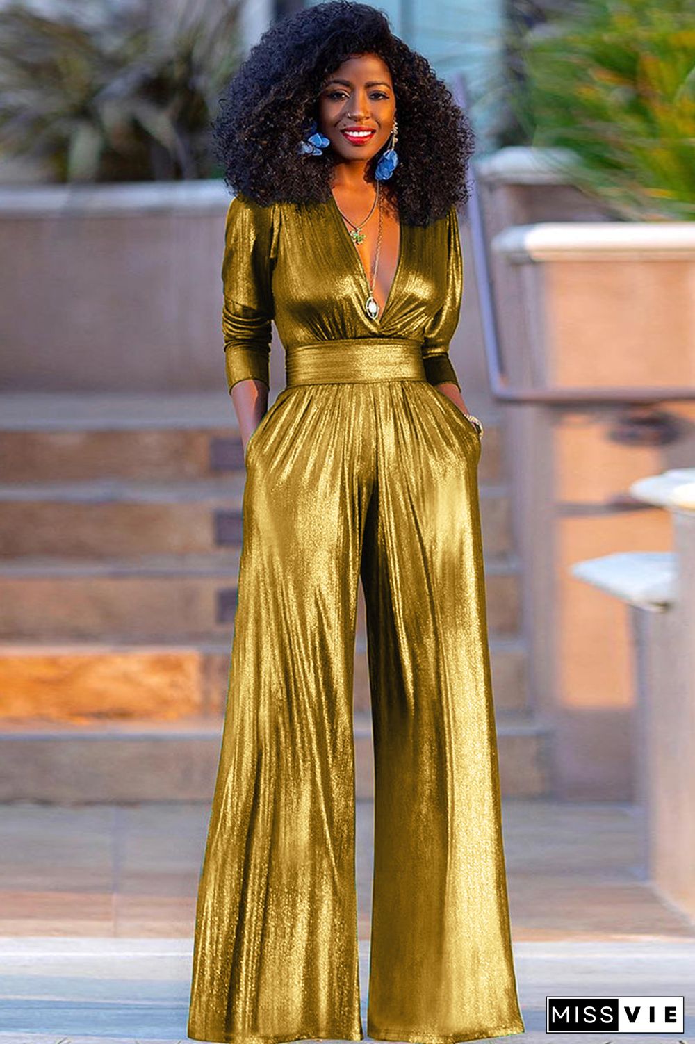 Party Reflective Half Sleeve V Neck Wide Leg Jumpsuit