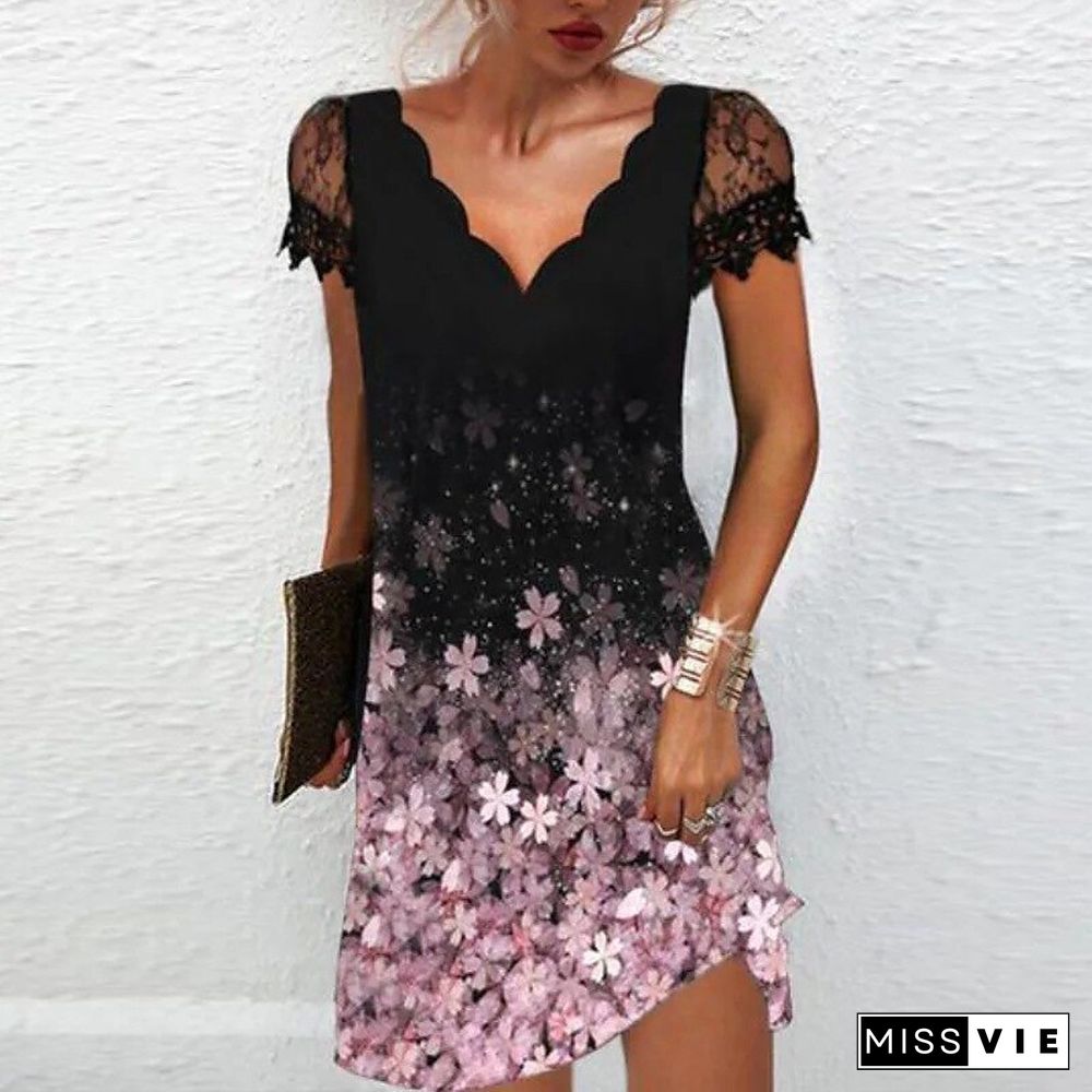 Summer Women's Casual Short Sleeve Dress Mesh Positioning Printed Lace V-Neck Beach Dress