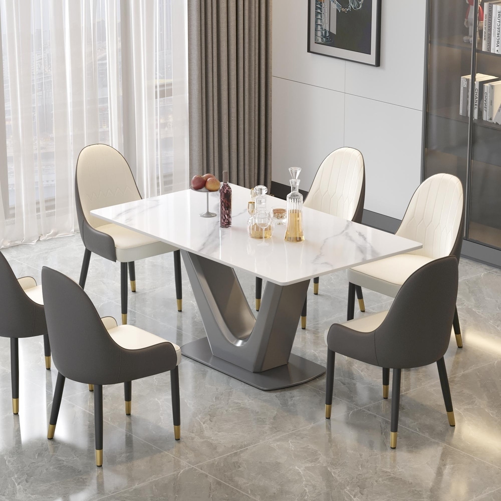 Industrial Sintered Stone Dining Table Rectangular White Slate Tabletop+Gold/Gray Metal Base  63''/ 71''/79''   N/A