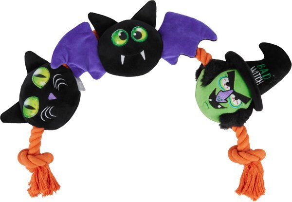 Frisco Halloween Cat， Bat and Witch Plush with Rope Squeaky Dog Toy