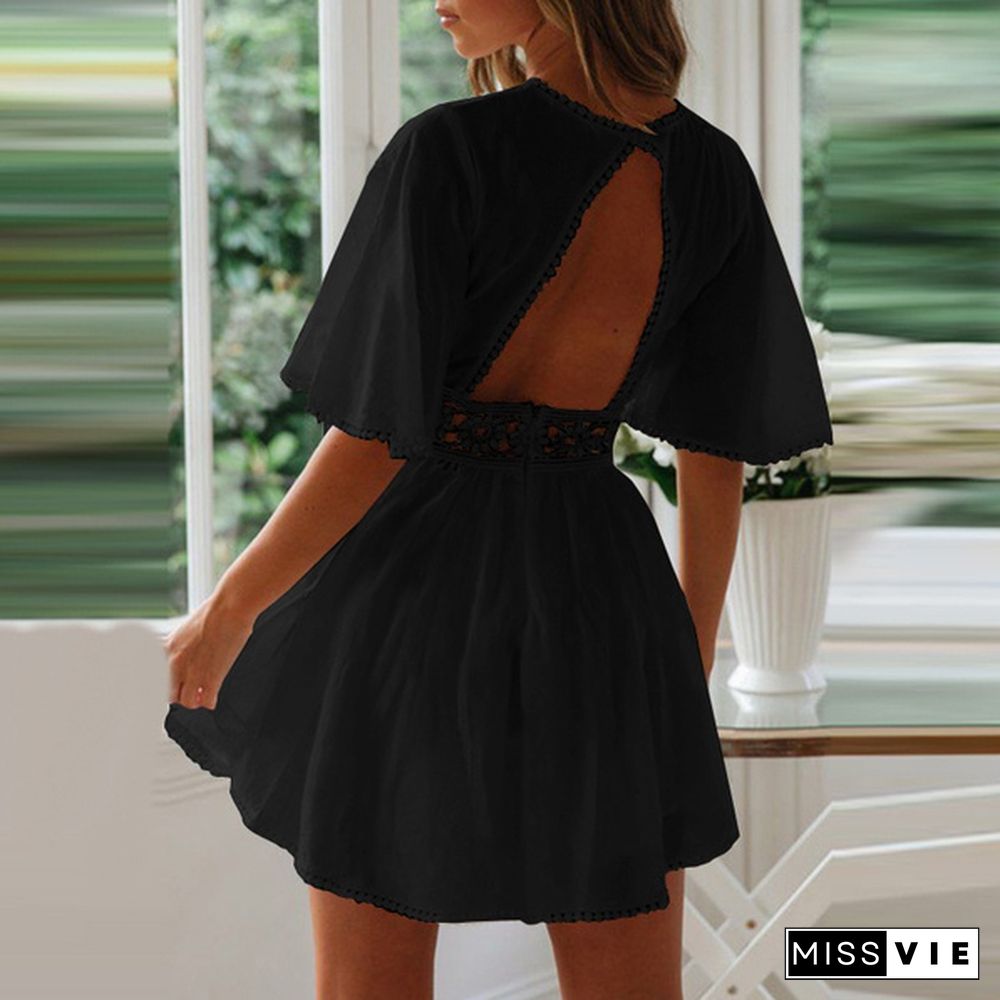 Summer Women Short Sleeve Mini Dress Lace Stitching Backless Party Casual Pleated A Line Dress Plus Size