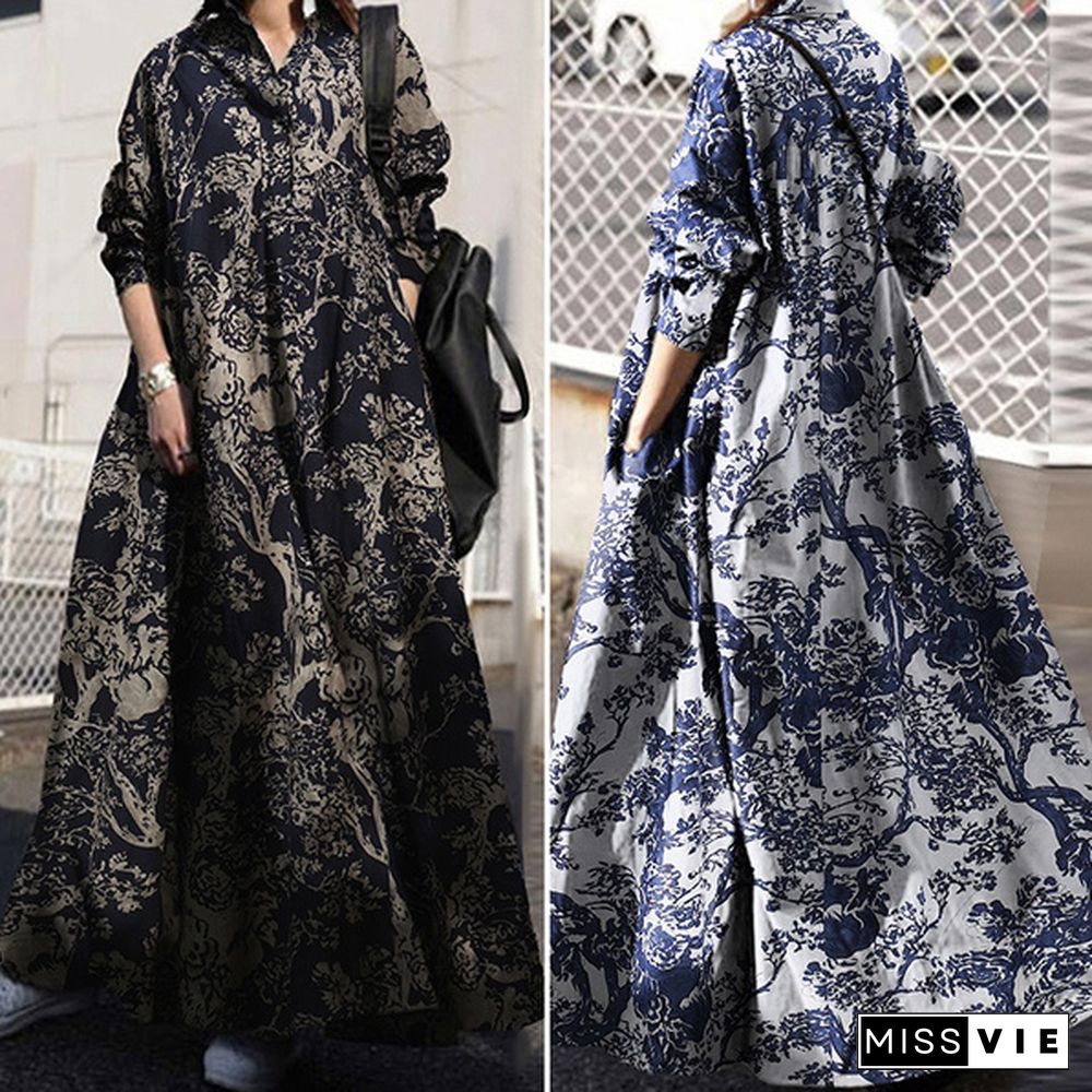 Zanzea Women Long Sleeve Shirt Dress Vintage Floral Printed Maxi Dresses