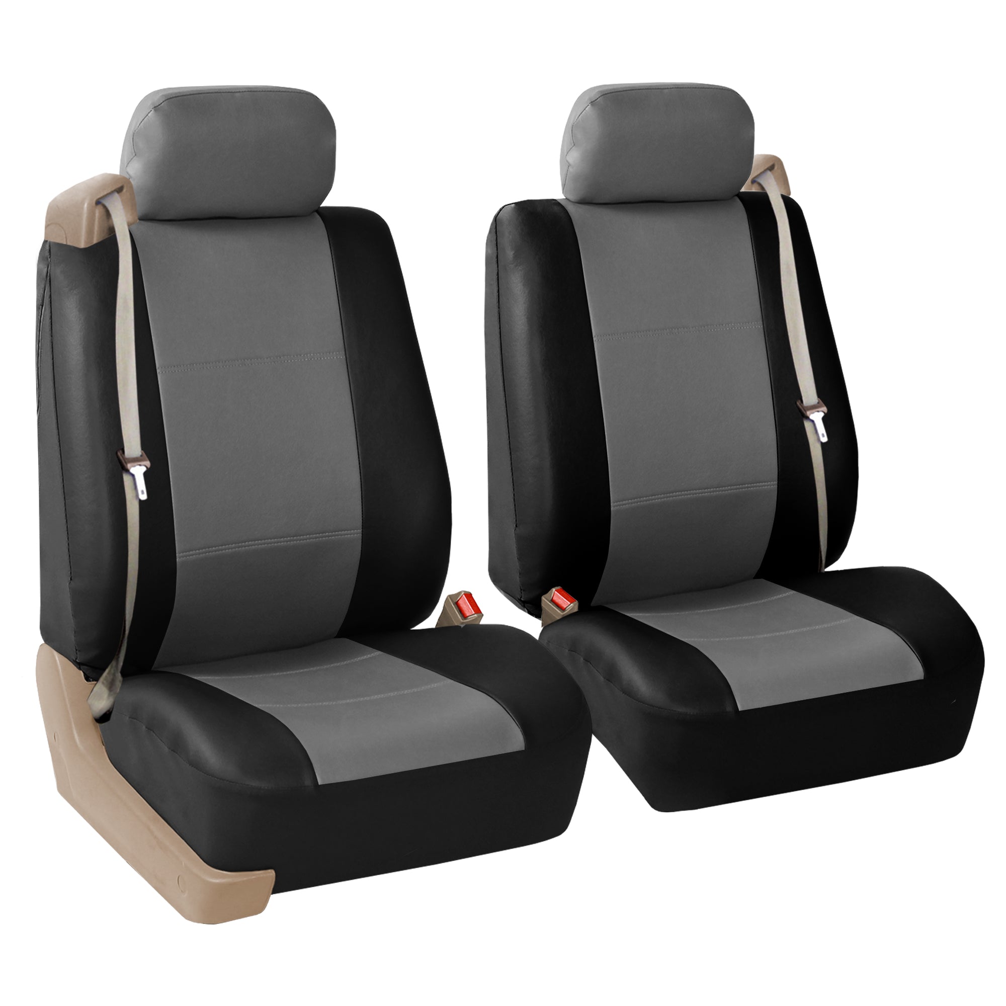 FH Group PU Leather Integrated Seatbelt Seat Covers， Full Set with Black Carpet Floor Mats， Black Gray