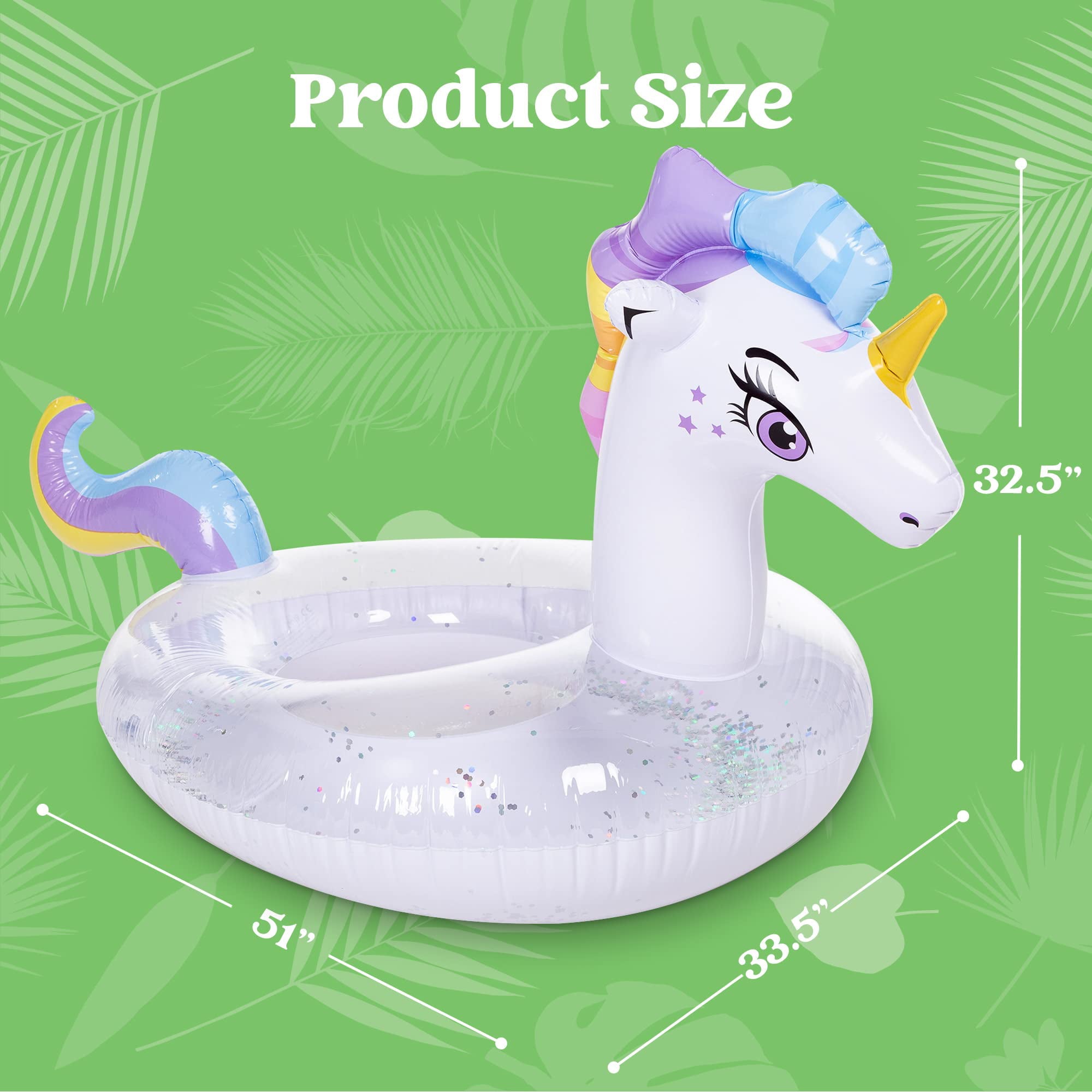 Inflatable Unicorn Pool Float with Glitters, Tubes for Floating, Fun Beach Floaties, Pool Toys, Summer Party Decorations for Kids (51” x 33.5” x 32.5”)