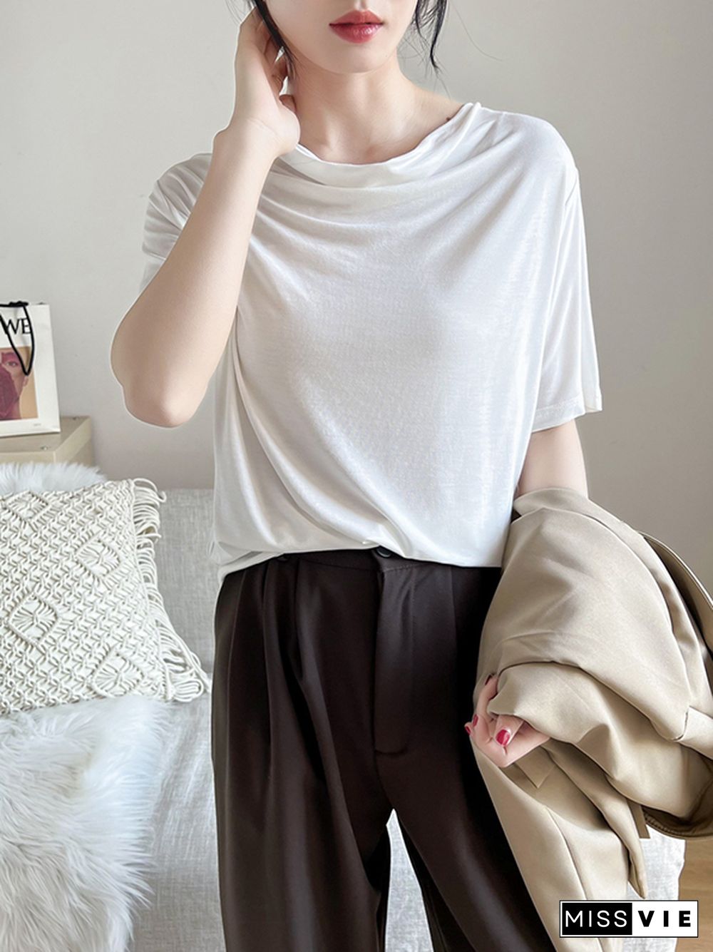 Short Sleeves Pleated Solid Color Heaps Collar T-Shirts Tops