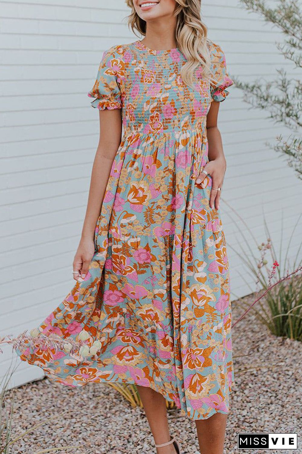 Floral Bubble Sleeve Smocked Flowy Ruffle Dress