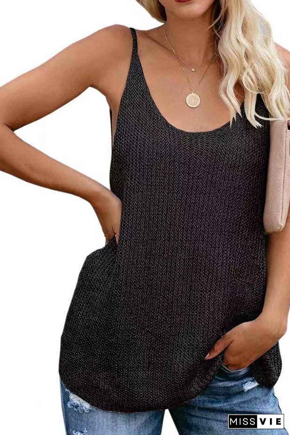 Color Block and Plain U Neck Knit Tank Top