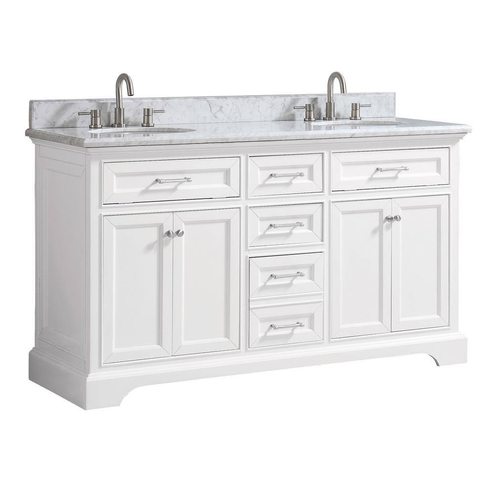 Home Decorators Collection Windlowe 61 in. W x 22 in. D x 35 in. H Freestanding Bath Vanity in White with Carrara White Marble Marble Top 15101-VS61C-WT