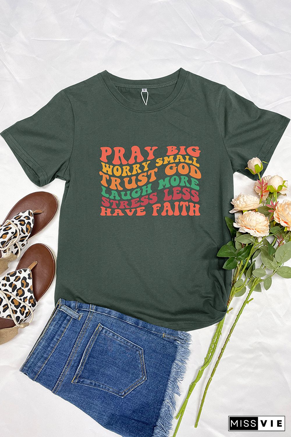 Pray Big Worry Small Trust God Laugh More Stress Less Have Faith Graphic Tee Wholesale