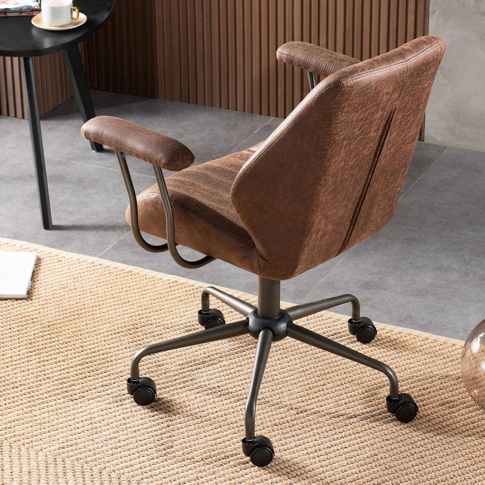 Allwex Magic Dark Brown Suede Fabric Swivel Office Task Chair with Arms and Lumbar Support SKL300