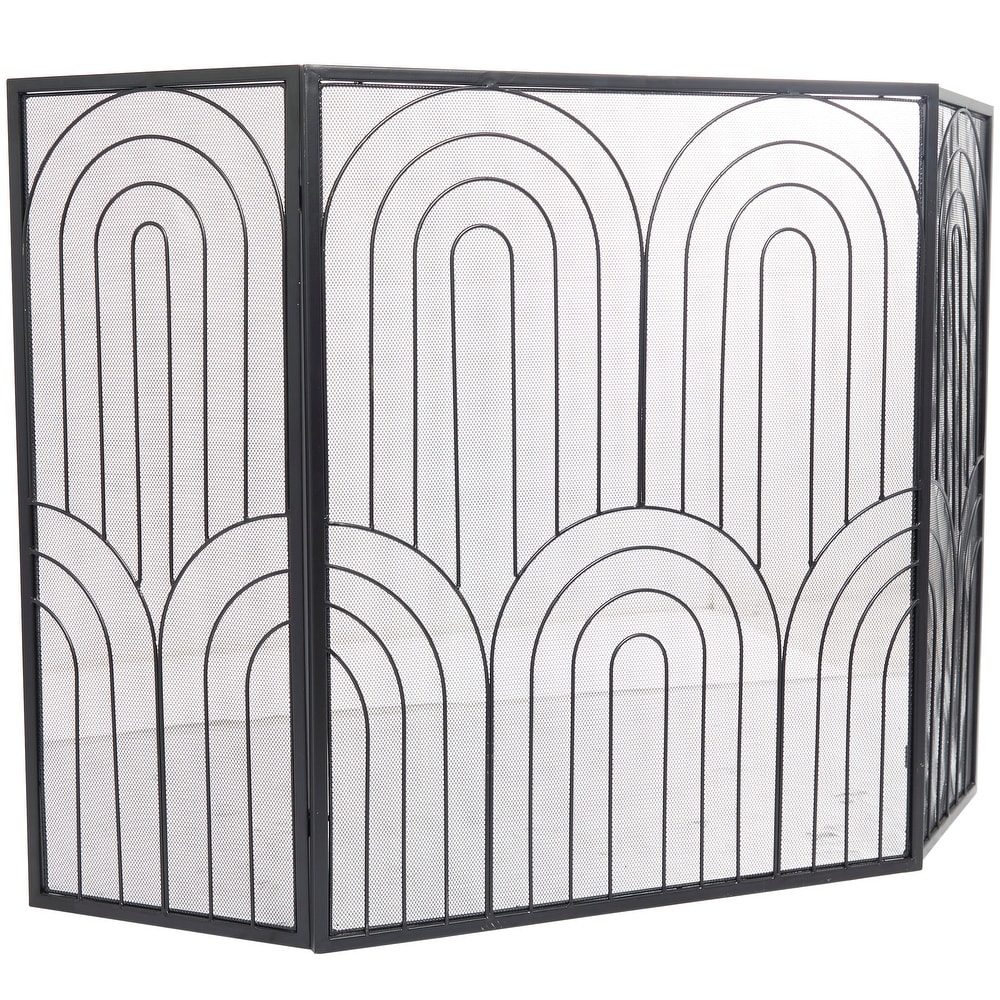 The Novogratz Black Metal Art Deco Inspired Foldable 3 Panel Geometric Fireplace Screen with Mesh Netting