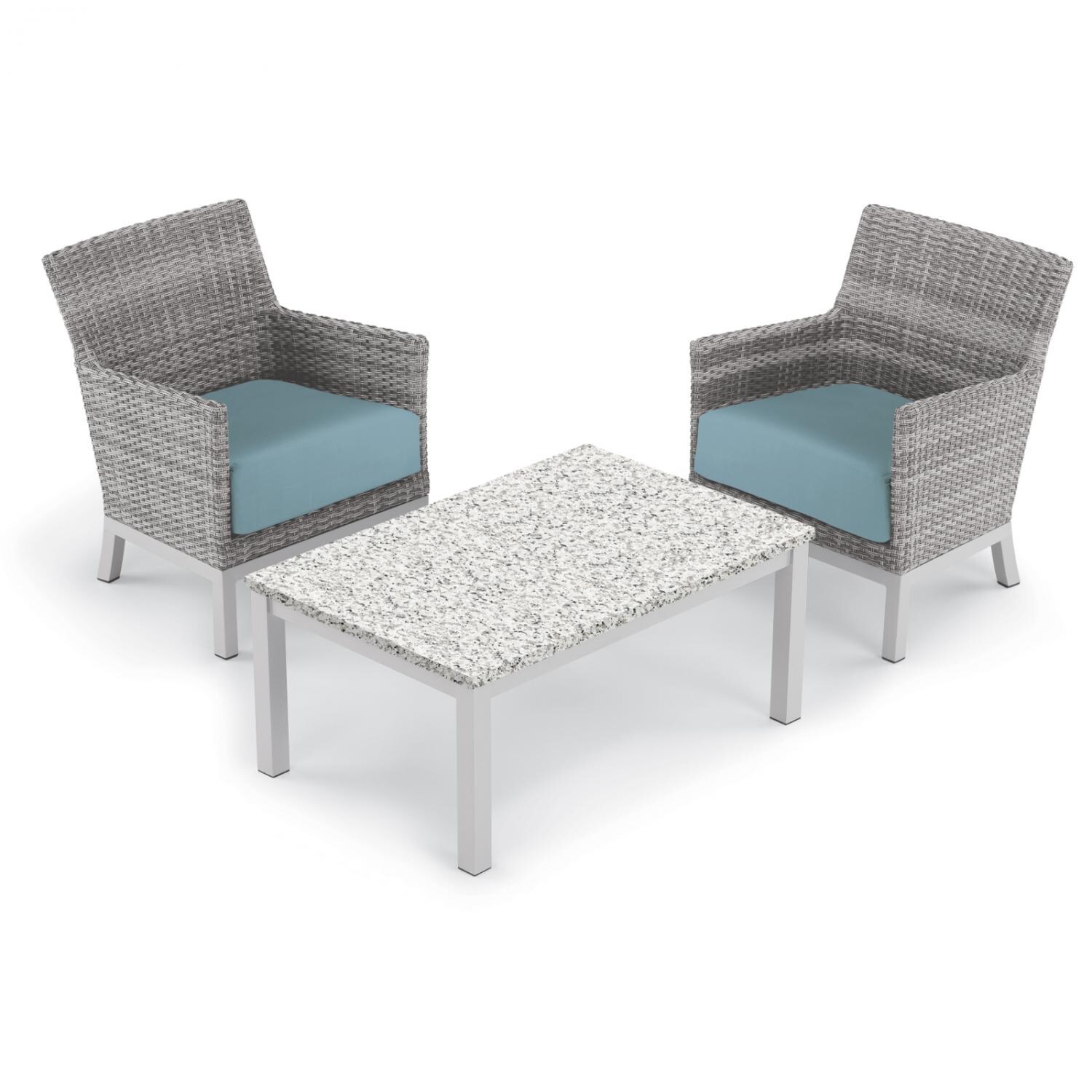 Argento 3 Piece Wicker Patio Conversation Set W/ Lite-Core Ash Coffee Table and Ice Blue Cushions By Oxford Garden