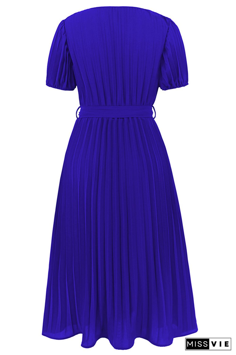 Plain Wrap V Neck Pleated Midi Dress With Sash