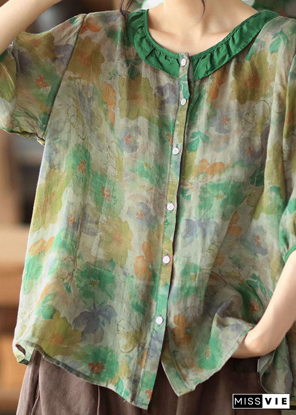 Simple Green O Neck Patchwork Print Linen Shirt Tops Half Sleeve