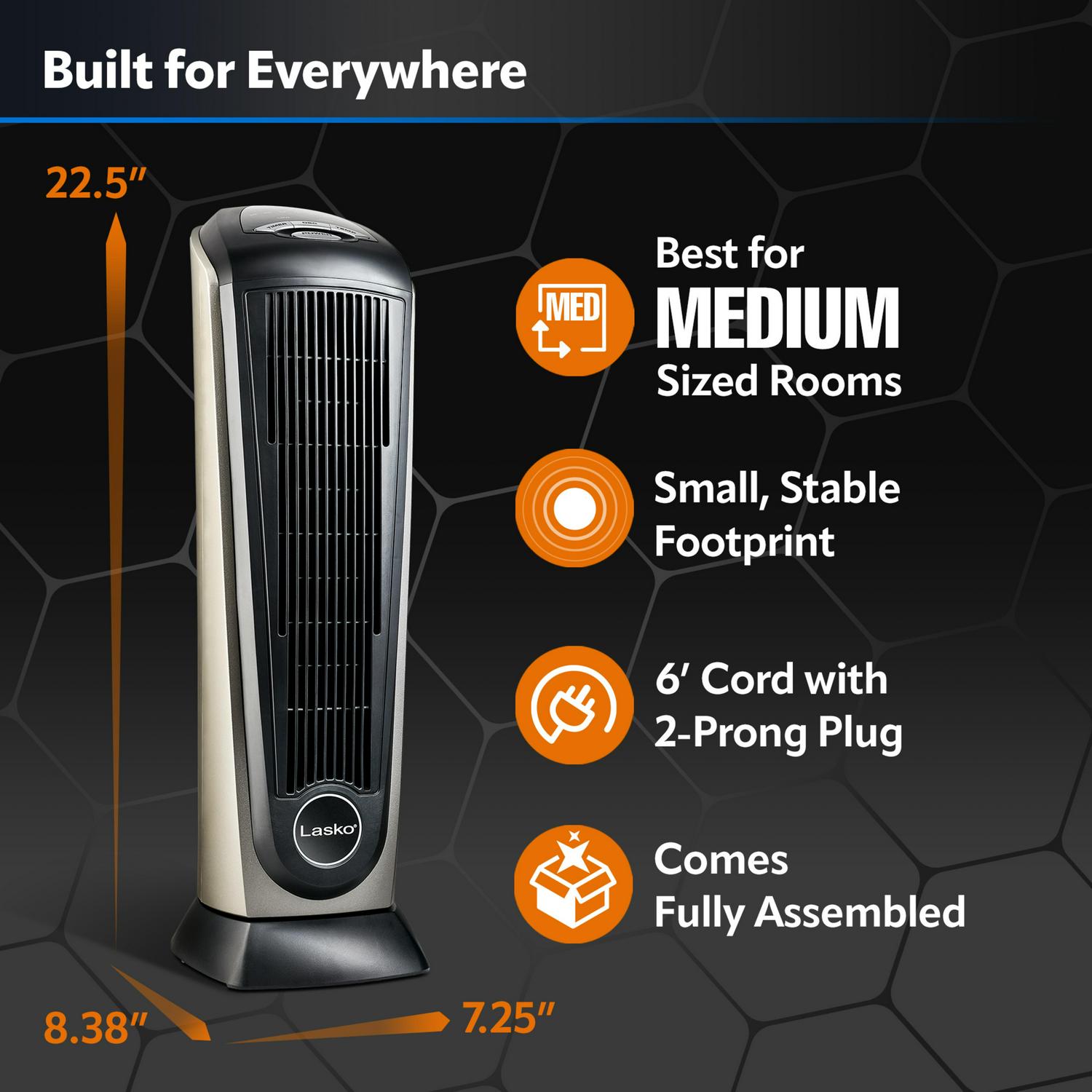 Lasko 1500W Electric Oscillating Ceramic Tower Space Heater with Remote Control， 751320， Black