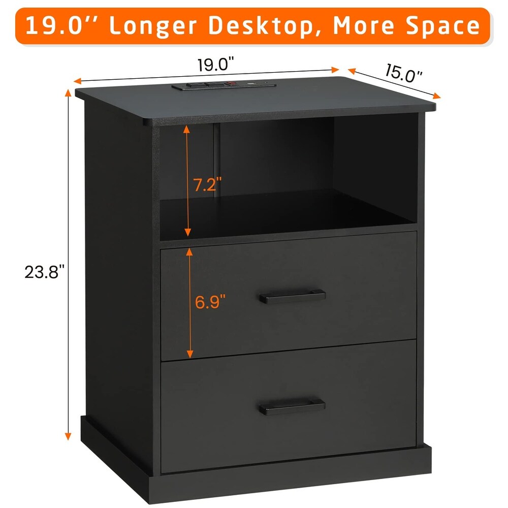 Nightstand with Charging Station  Large Side Table with 2 Storage Drawer and Open Cubby  Black Bedside End Table