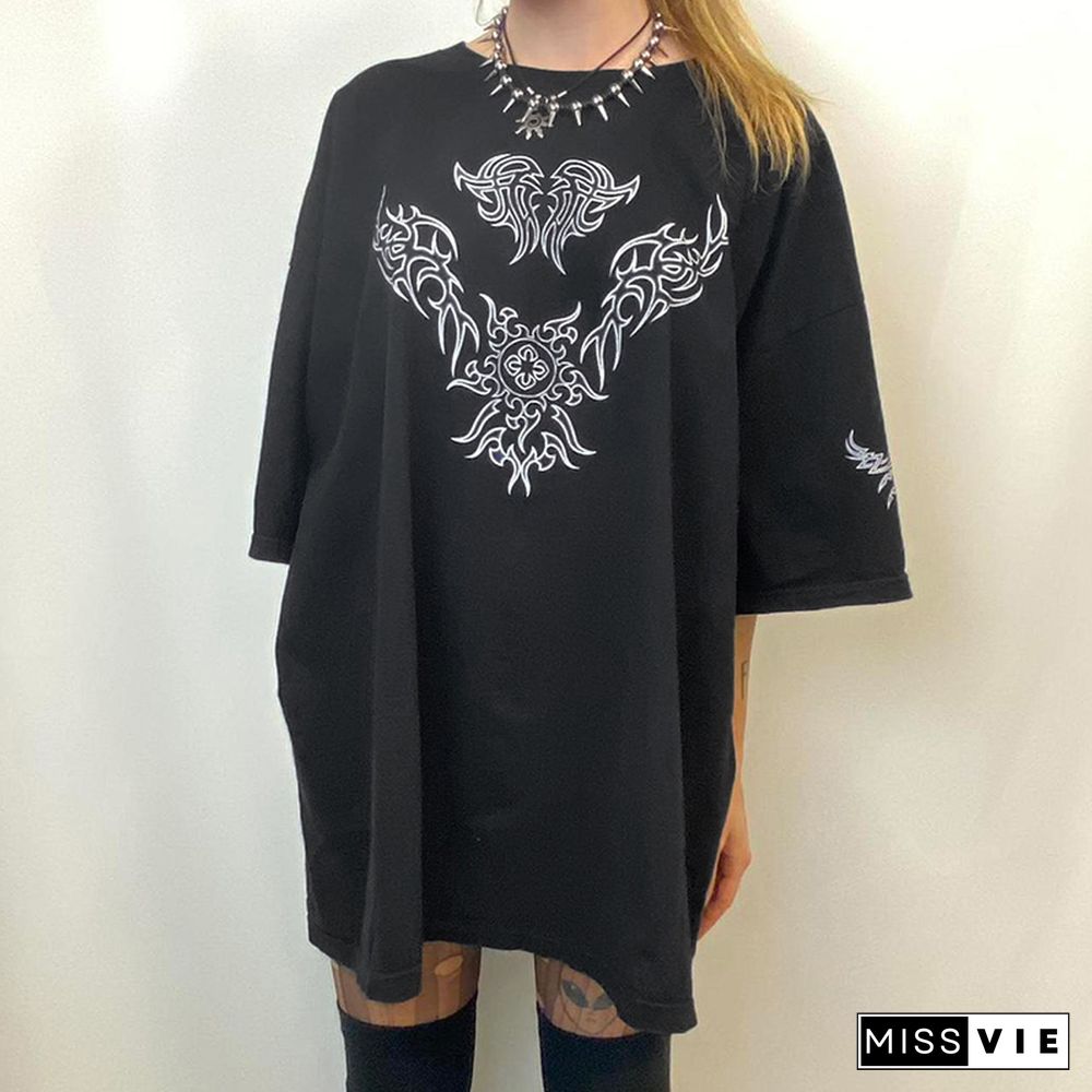 Fashion Oversized Black Long T-Shirts Women Goth Print Aesthetic Grunge Graphic Tees Short Sleeve Tops Summer Clothing