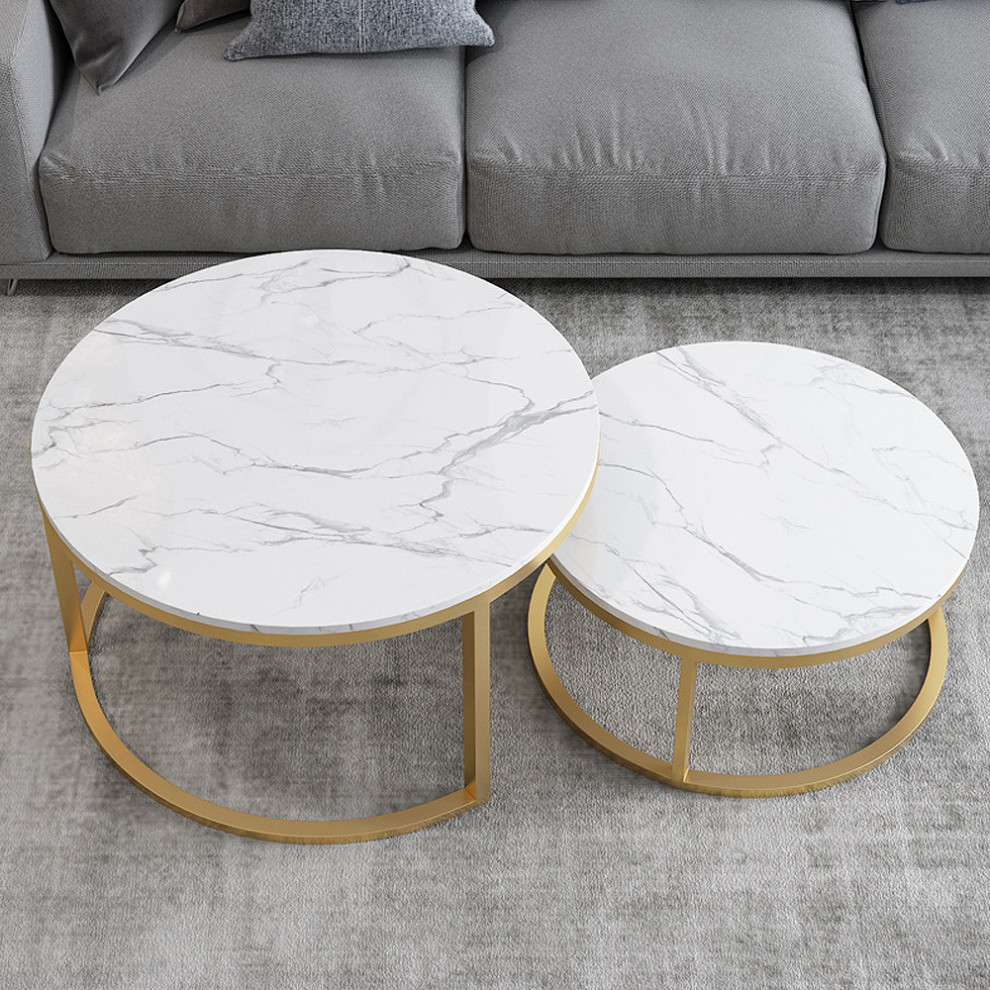 Modern Round Coffee Table Gold Metal  ampWhite Marble Accent Table with Set of 2   Contemporary   Coffee Table Sets   by Homary International Limited  Houzz