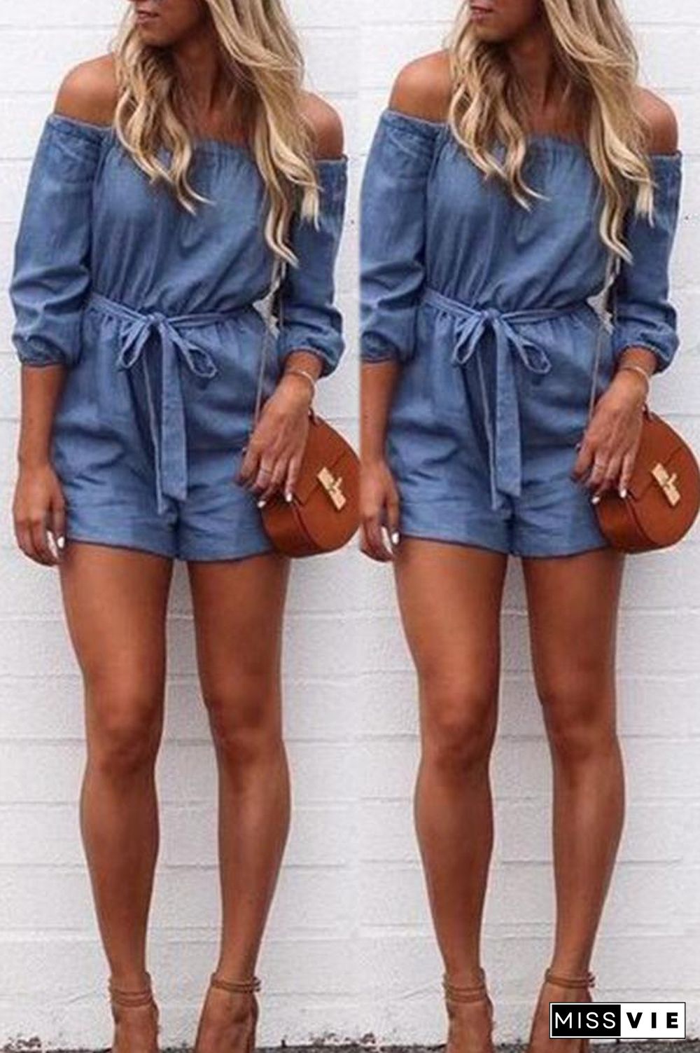 Off The Shoulder Denim Romper With Belt