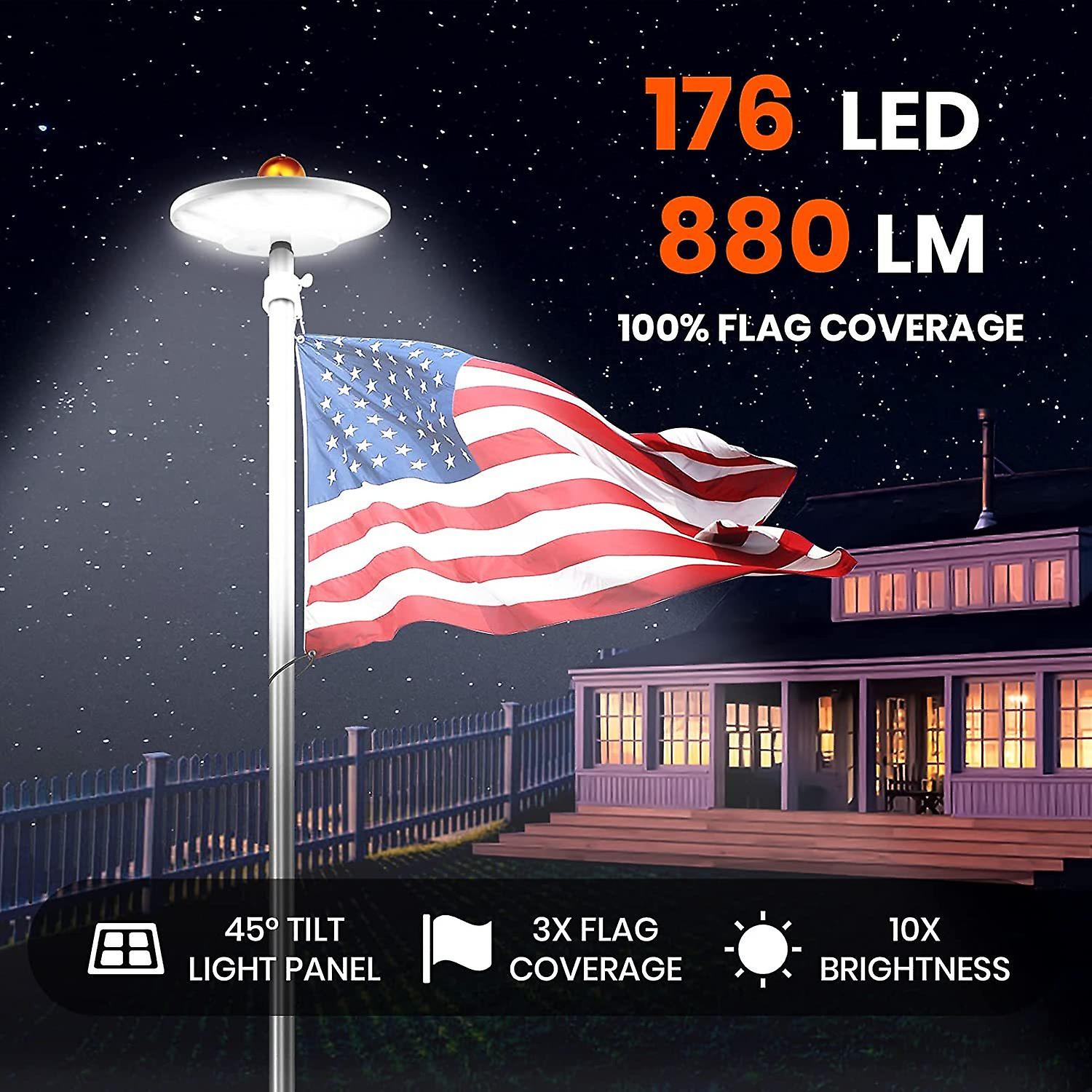 Solar Flag Pole Light 176 Led， 880 Lumens Brightest Solar Powered Flagpole Lights For Most 15 To 25 Ft Flag Poles， 100% Flag Coverage， 6800mah Downlig