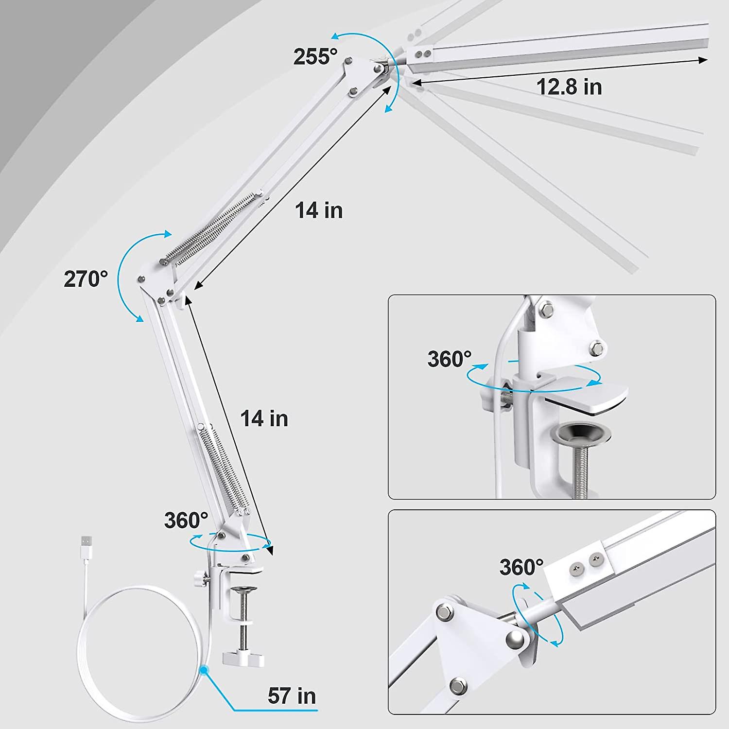 Led Desk Lamp With Clamp And Round Base，eye Caring Table Lamp With Swing Arm，3 Color Modes 10 Brightness Levels，memory Function Bedside Lamp，white Des